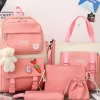 Kit Mochila 5 Peças Conjunto Bolsas Feminina Estojo Escolar Com Chaveiro Urso - Cor Rosa - Produto Novo