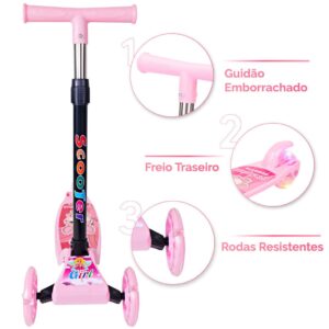 Patinete Infantil 3 Rodas LED Dobrável - Scooter Seguro para Crianças - Cor Rosa - Produto Novo